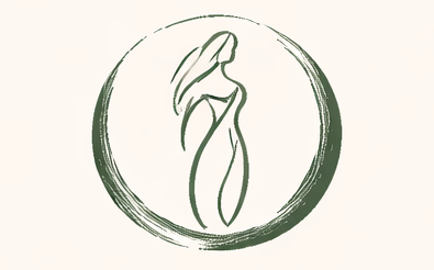 Green line drawing of a woman inside a circular brushstroke, on a light beige background.