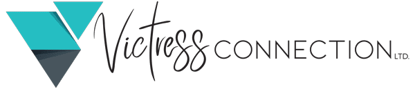 Logo for Victress Connection; turquoise and gray triangles, script 