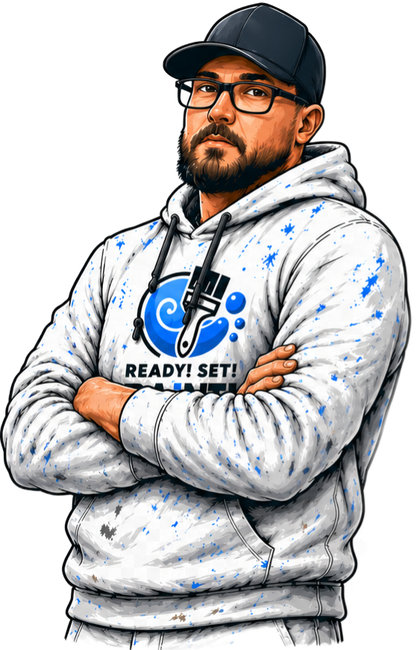 Man in a white hoodie and cap, arms crossed, with a blue microphone graphic and “READY! SET!” text.