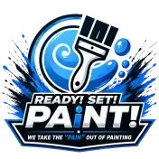 Blue-and-white paint logo with brush and slogan “READY! SET! PAINT!” and “We take the ‘pain’ out of painting”