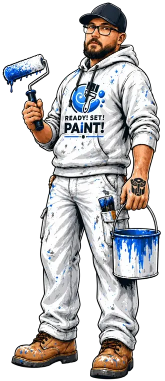 Painter in white workwear holding a paint roller and blue paint bucket, facing forward.