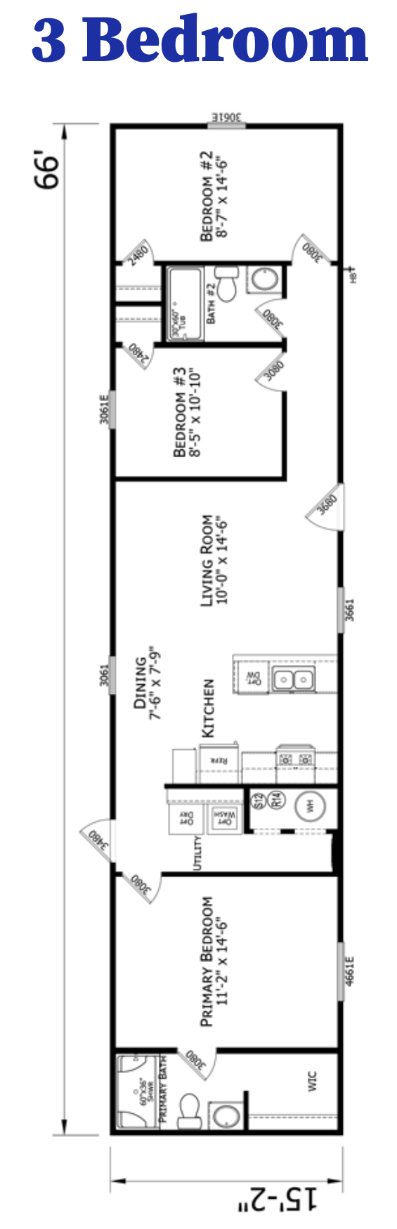 View Floor Plans Floor plan of a narrow, rectangular 3-bedroom house. Contains dimensions and labels for the rooms.