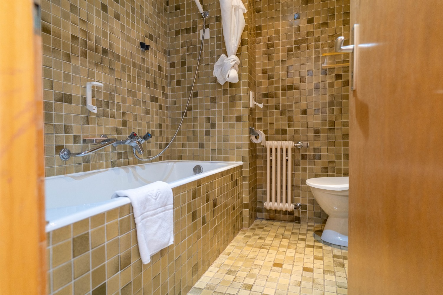 Bathroom with bathtub, toilet, and small brown tiled walls and floor. Open door in the right frame.