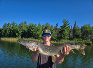 Person holding a large fish beside a calm lake, with trees and blue sky in the background.