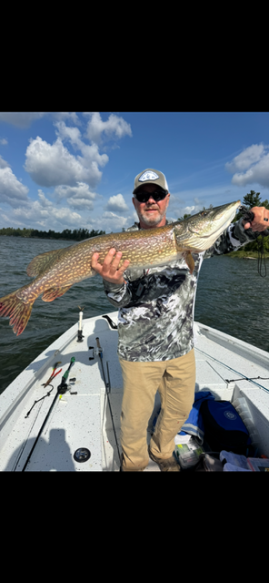 Angler on a boat holding a large fish on a sunny lake with a cloudy sky