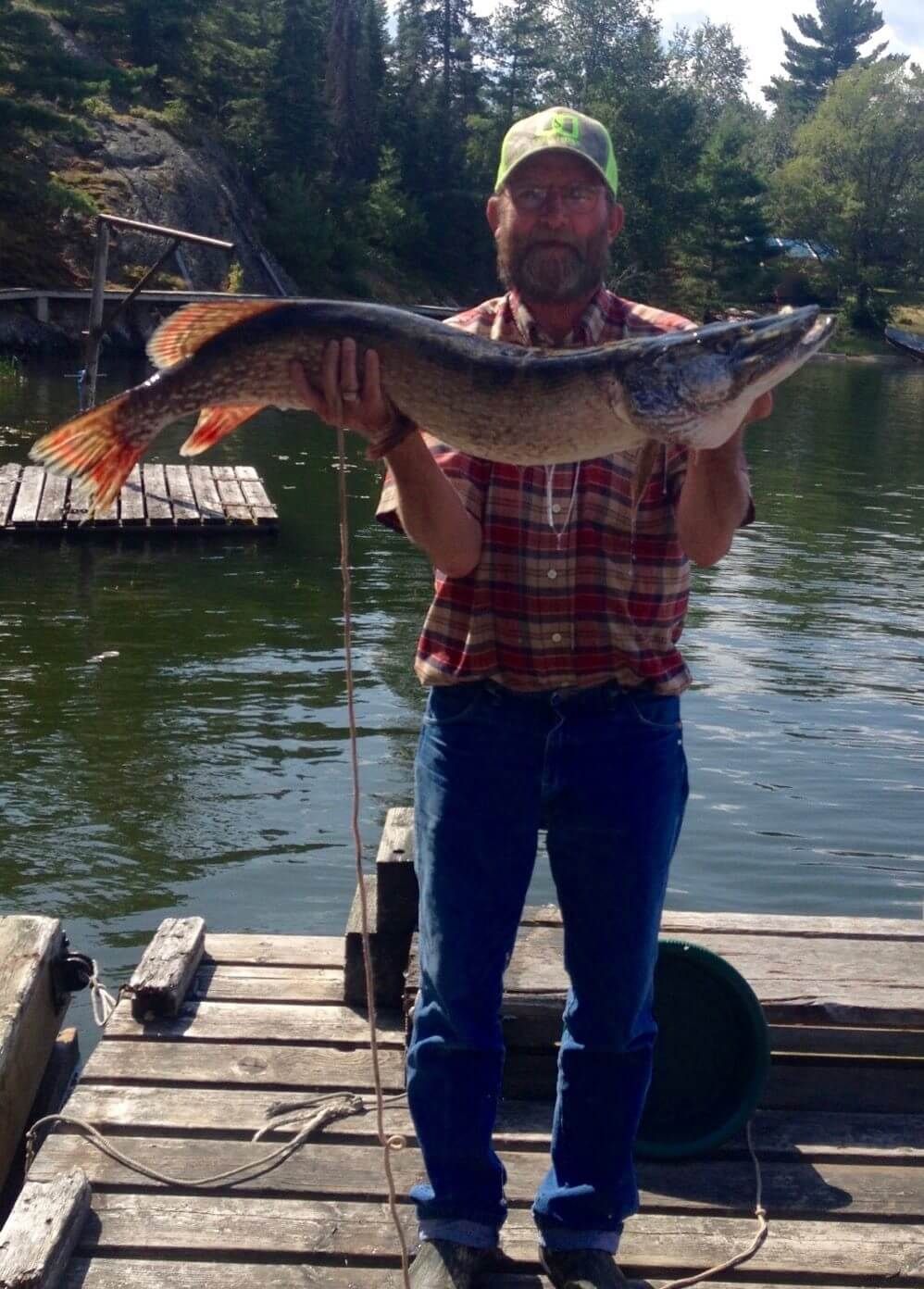 Person standing on a dock holding a large fish by a lake, with trees and a cabin in the background.