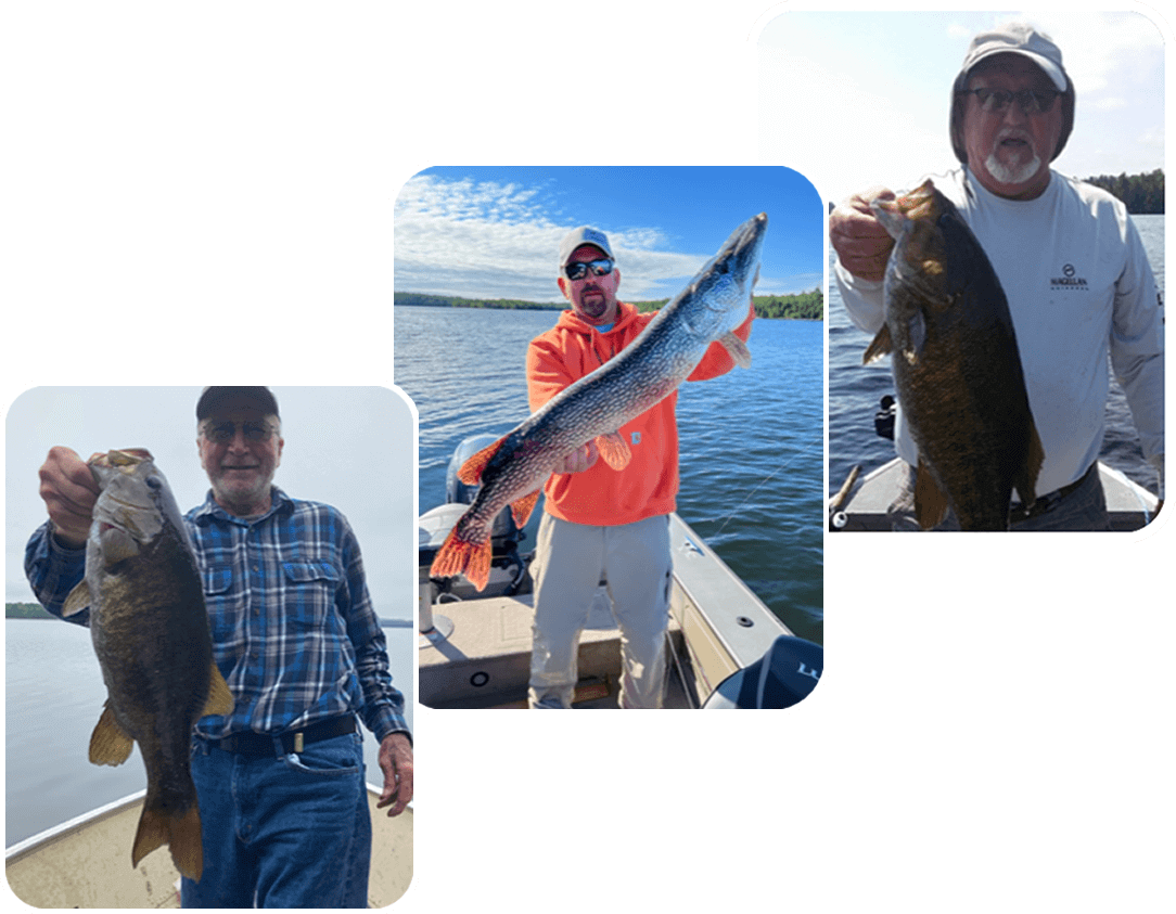 Three anglers posing with large fish on a boat, wearing hats and casual outdoor clothing.
