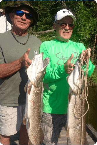 Two men holding large fish, smiling outdoors in sunlight.