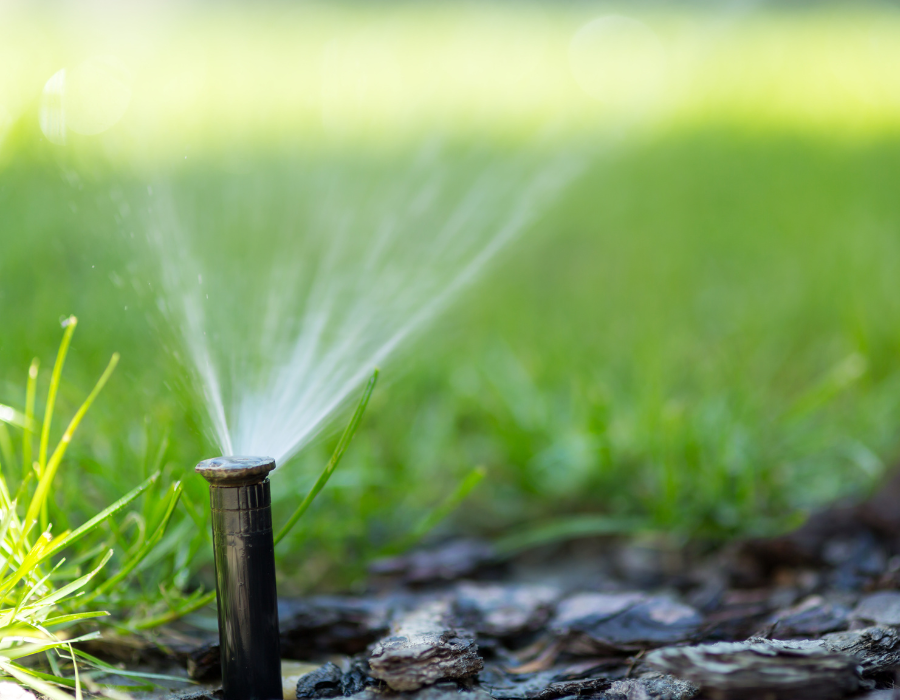 Irrigatore che annaffia l’erba verde in giardino, spruzzando una sottile nebbiolina vicino al terreno