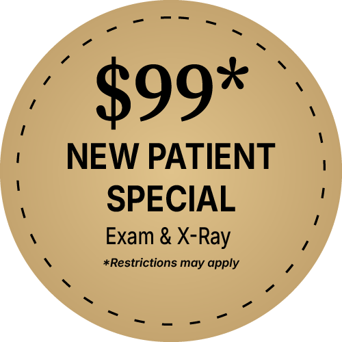 Beige circular dental promo badge with dashed border: $99 New Patient Special, Exam & X-Ray, restrictions apply