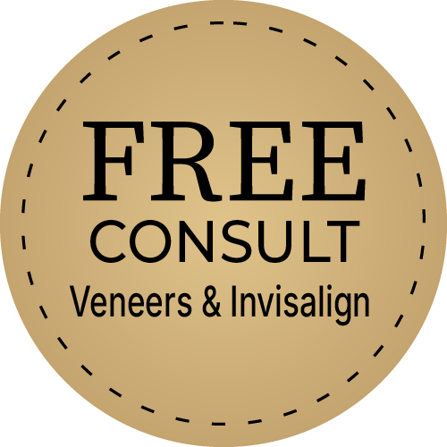 Gold circular badge reading “FREE CONSULT” and “Veneers & Invisalign” with dashed border