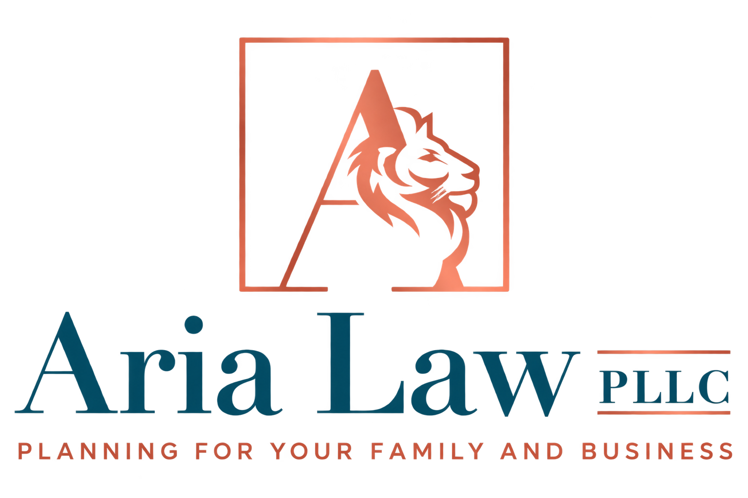 Aria Law PLLC logo with coral lion in an orange square and tagline “Planning for your family and business”