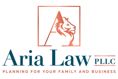 Aria Law PLLC logo with coral lion in an orange square and tagline “Planning for your family and business”