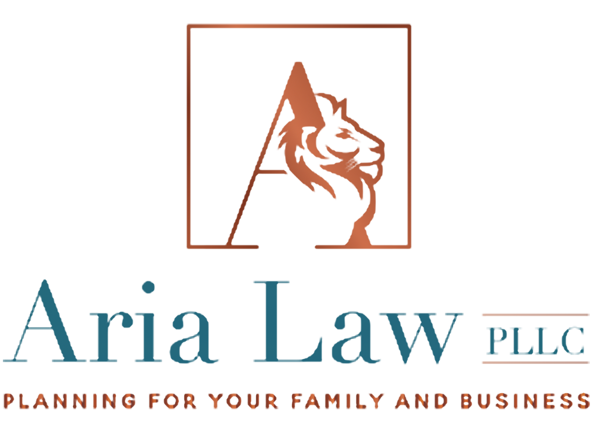 Aria Law PLLC logo with teal text, a stylized lion and scales, and the tagline “Planning for your family and business”