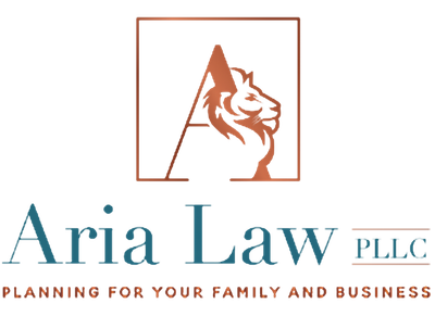 Aria Law PLLC logo with teal text, a stylized lion and scales, and the tagline “Planning for your family and business”