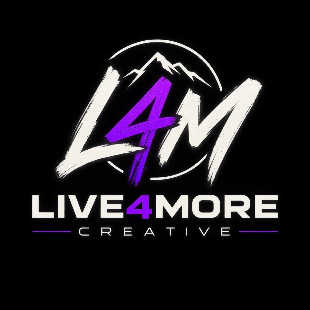 Black logo with stylized white and purple &ldquo;LM&rdquo; over &ldquo;LIVE4MORE CREATIVE&rdquo; and a mountain outline.