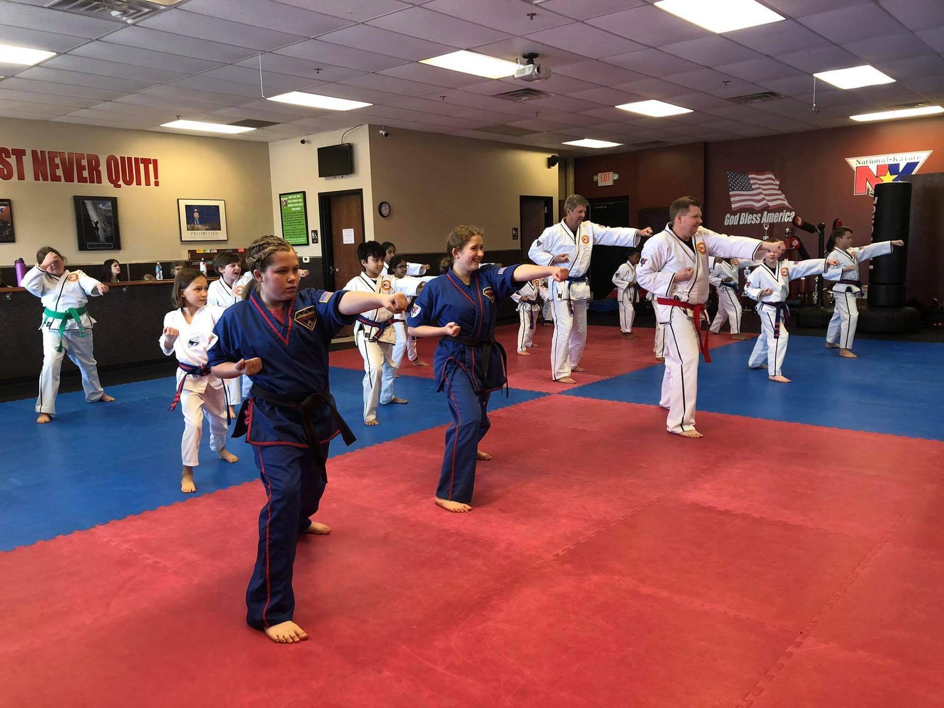 Kids practice focused Youth Karate drills at Wisconsin National Karate in New Berlin, WI, building confidence and self-control.