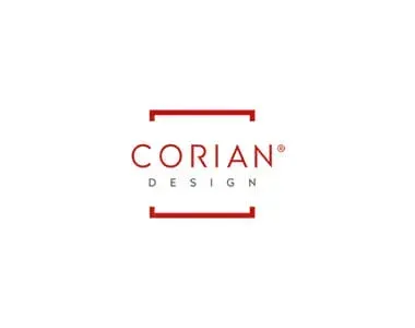 A red and white logo for corian design on a white background.