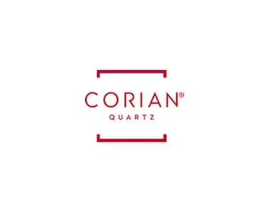 A red and white logo for corian quartz on a white background.