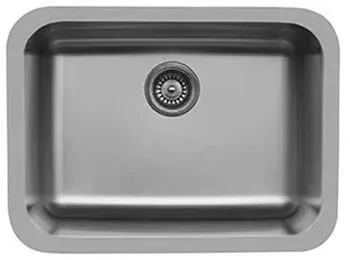 A stainless steel kitchen sink with a drain on a white background.