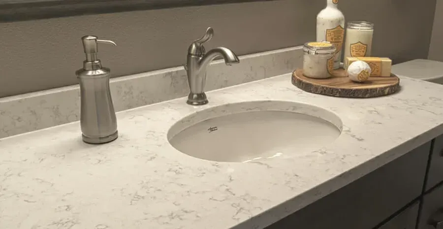 A bathroom with a sink , faucet , and soap dispenser.