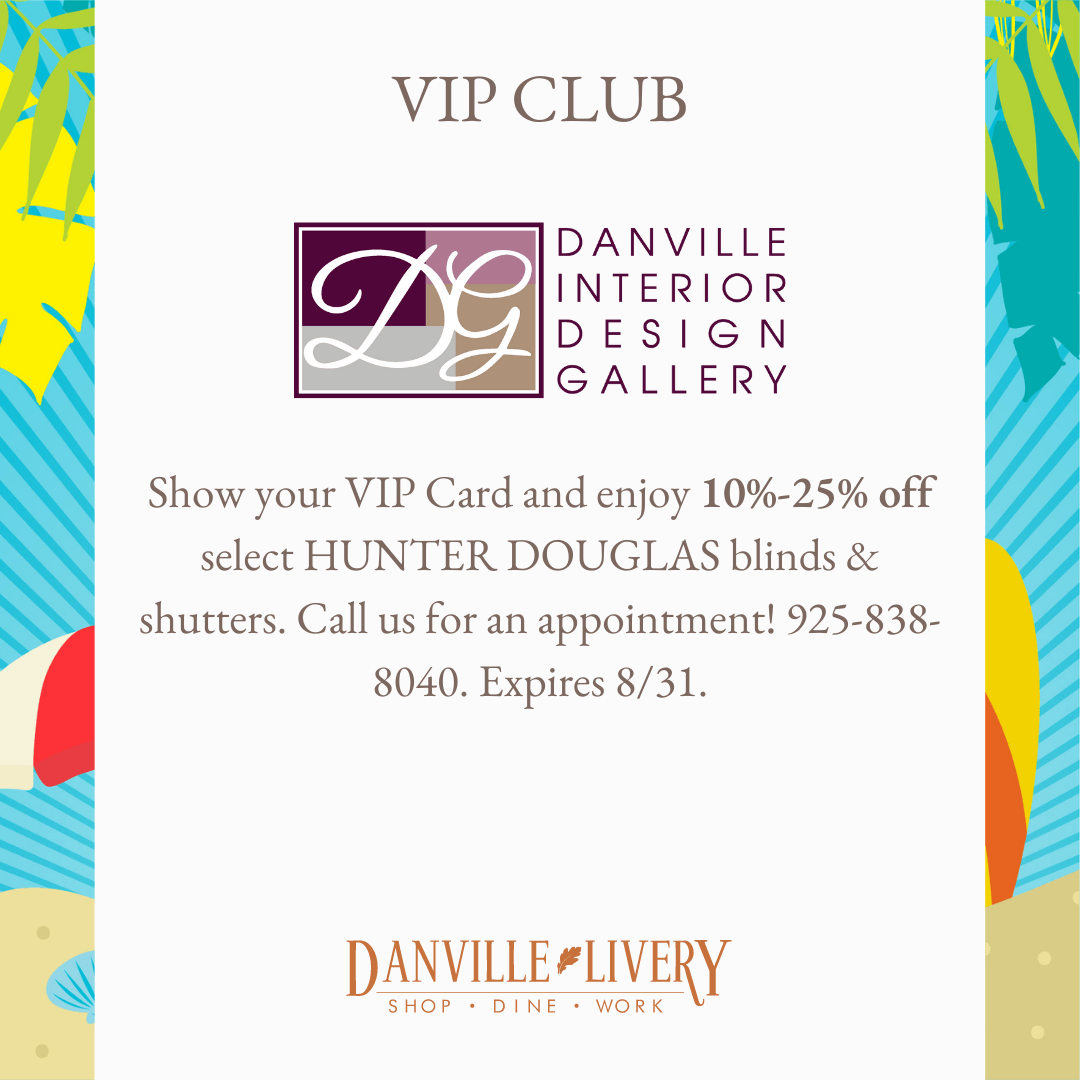 An advertisement for danville interior design gallery showing a vip card
