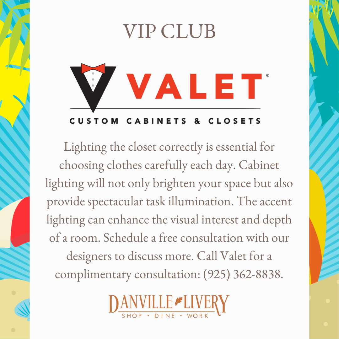 An advertisement for vip club valet custom cabinets and closets.