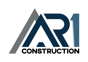 A blue and gray logo for ari construction