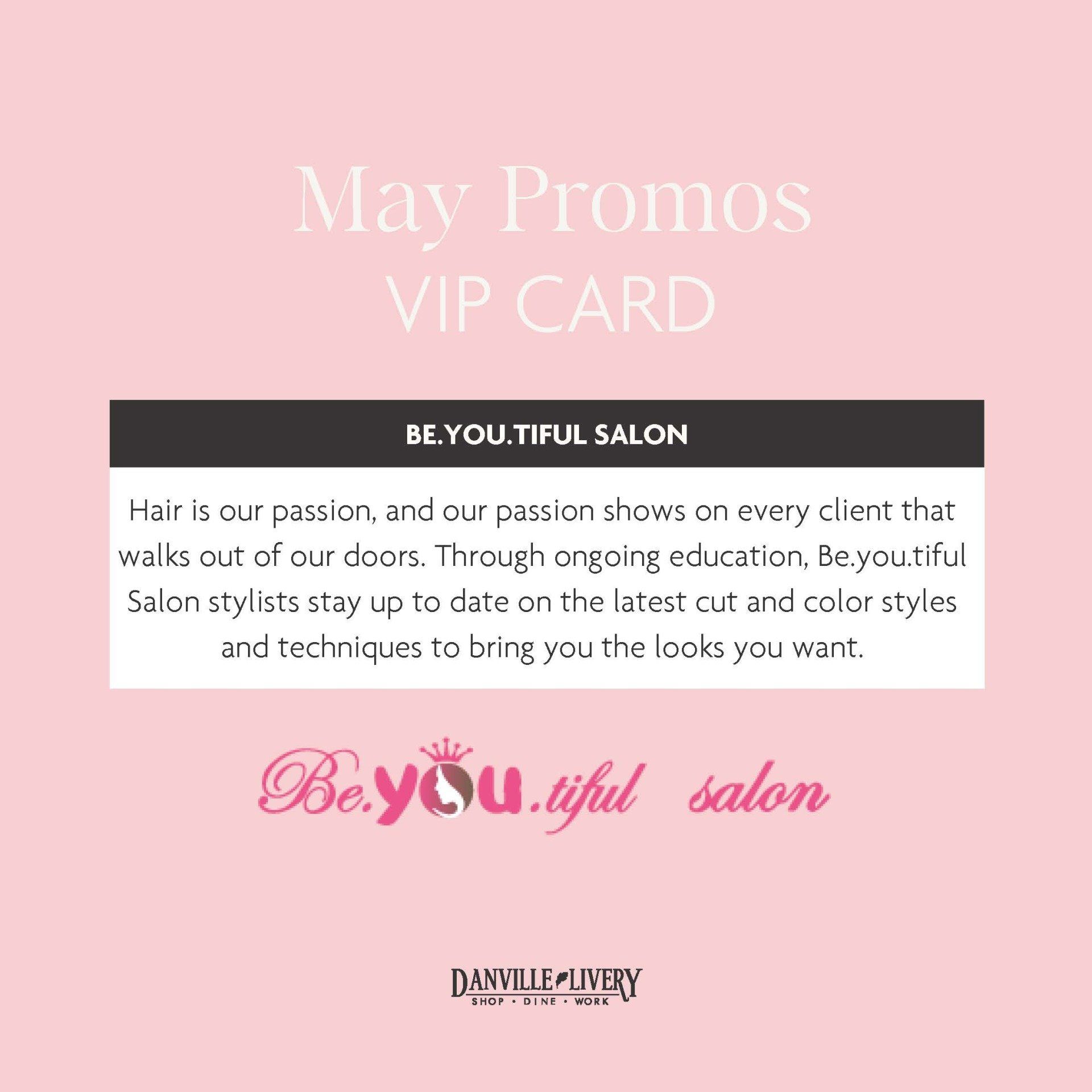 A pink and white advertisement for a salon that says `` may promos vip card ''.