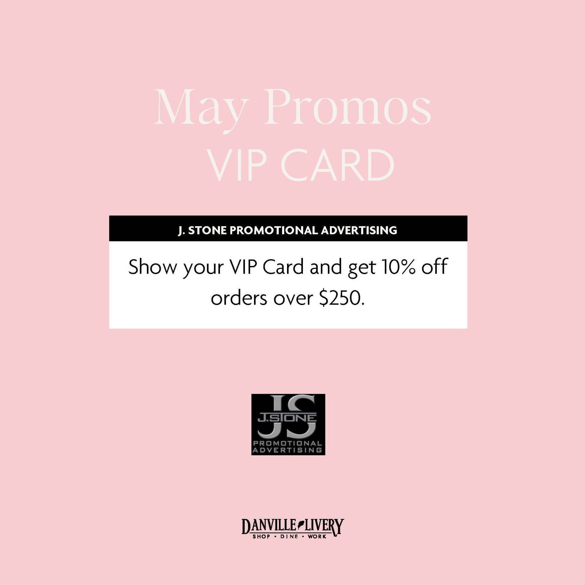 A pink poster that says may promos vip card show your vip card and get 10 % off orders over $ 250