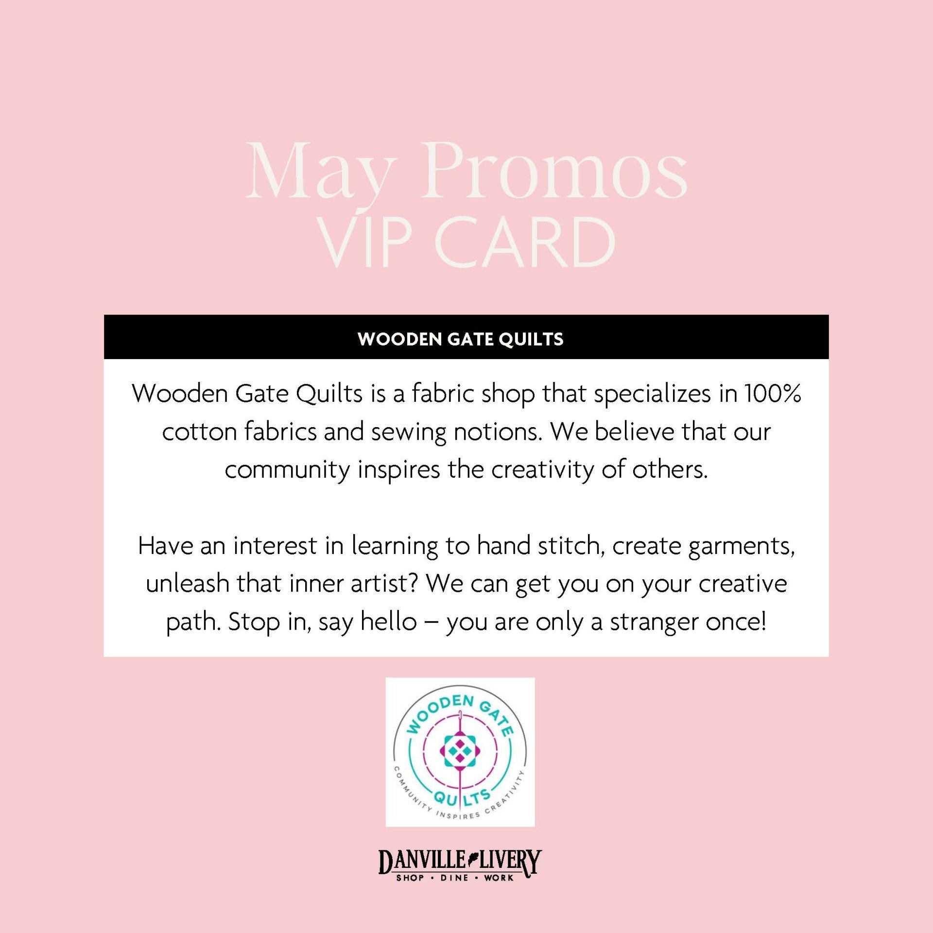 May promos vip card wooden gate quilts is a fabric shop that specializes in 100 % cotton fabrics and sewing nations.