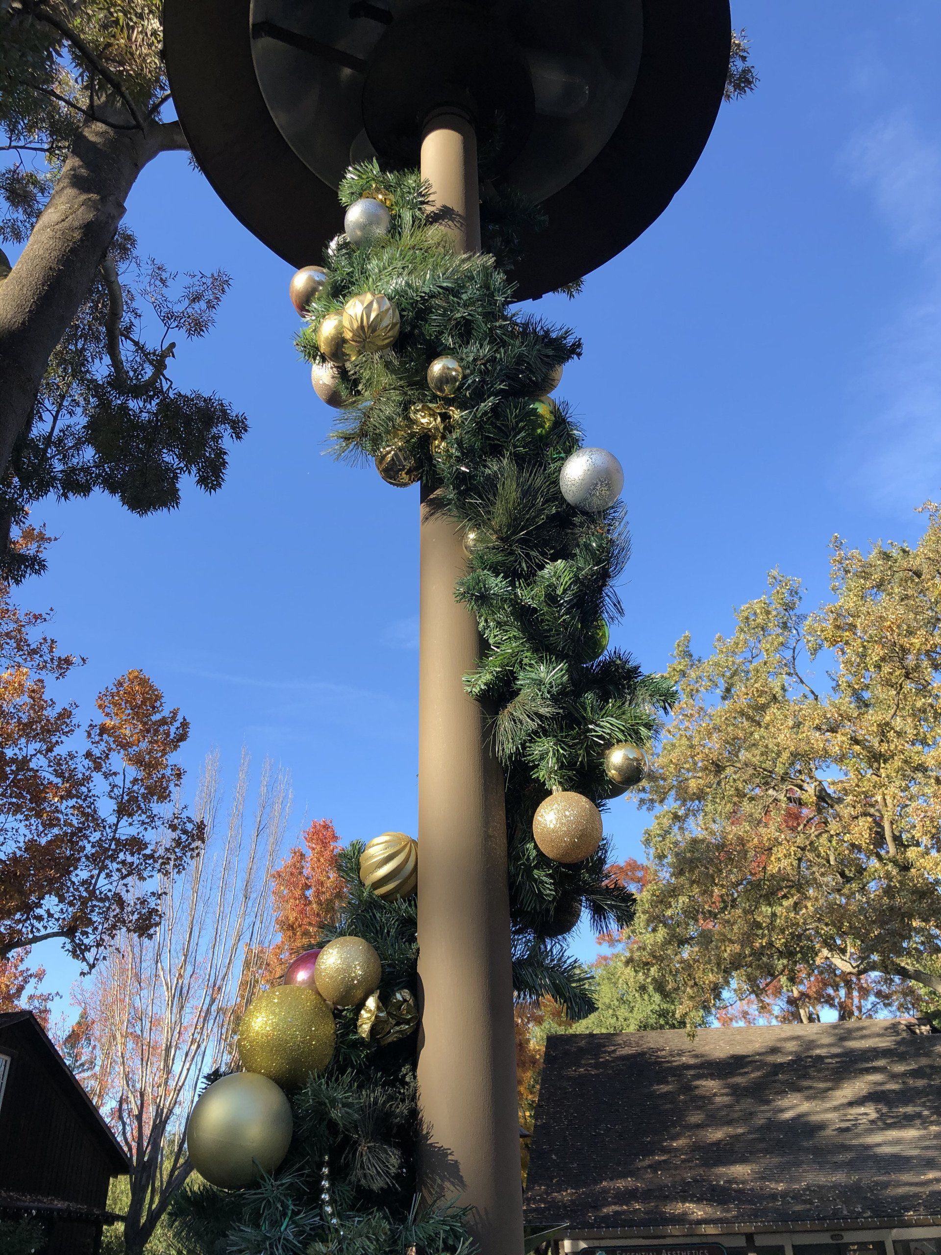 A street light with christmas decorations on it