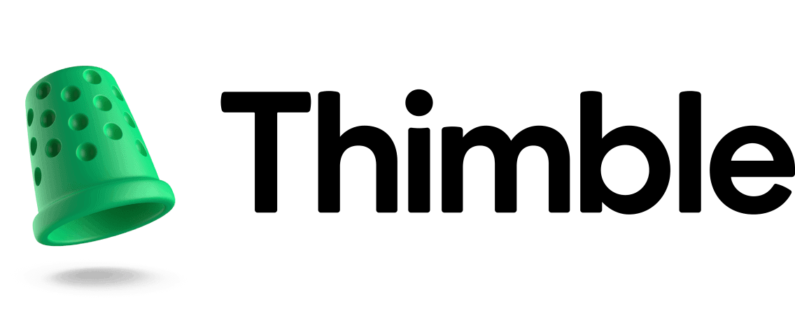 A green thimble is on a white background next to the word thimble.