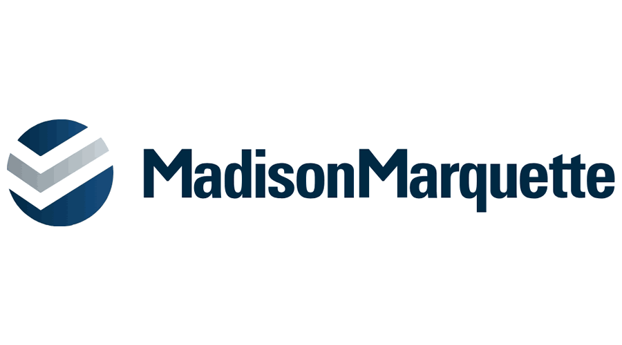 A madison marquette logo with a blue circle and arrows on a white background.