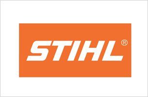 Logo STIHL: testo bianco su rettangolo arancione, 