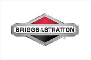 Logo Briggs & Stratton: testo bianco su una forma esagonale argentata con forme interne rosse e nere.