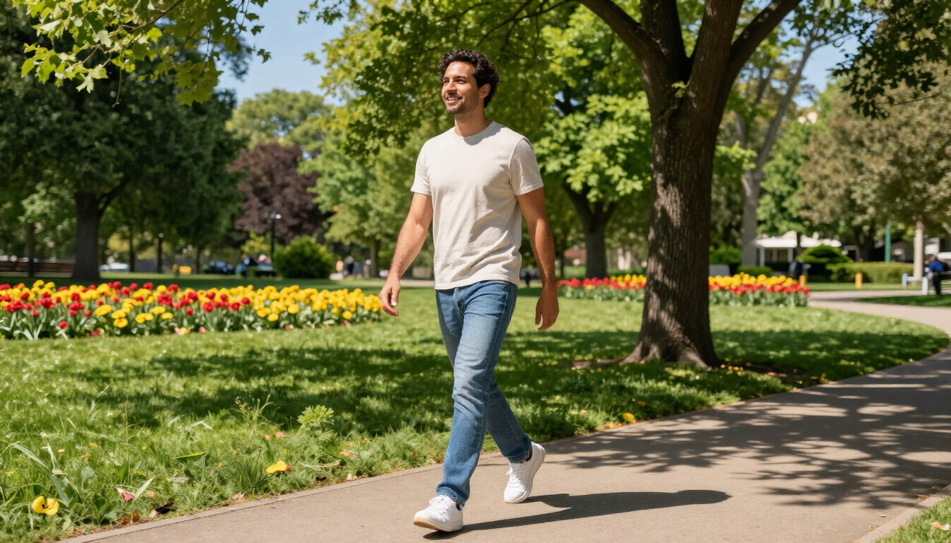 Man walking comfortably in park