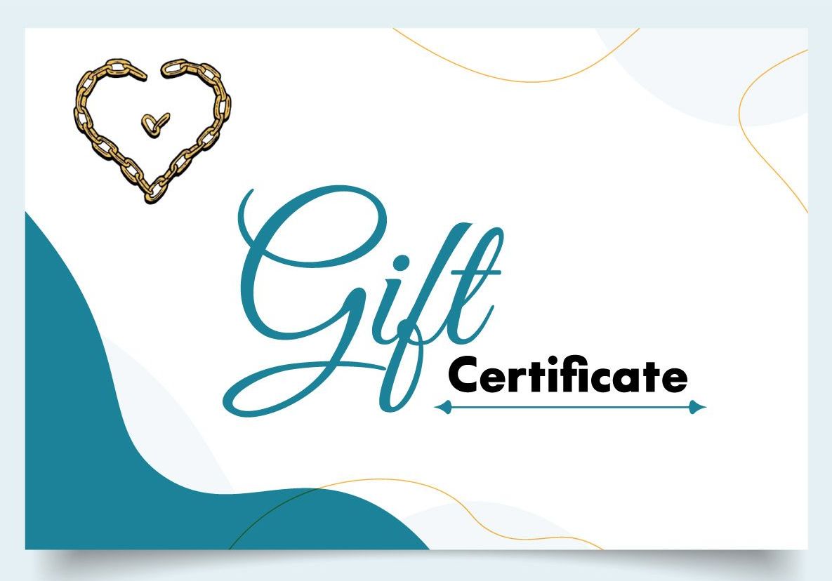 Gift certificate with teal accents, gold heart chain design, and cursive