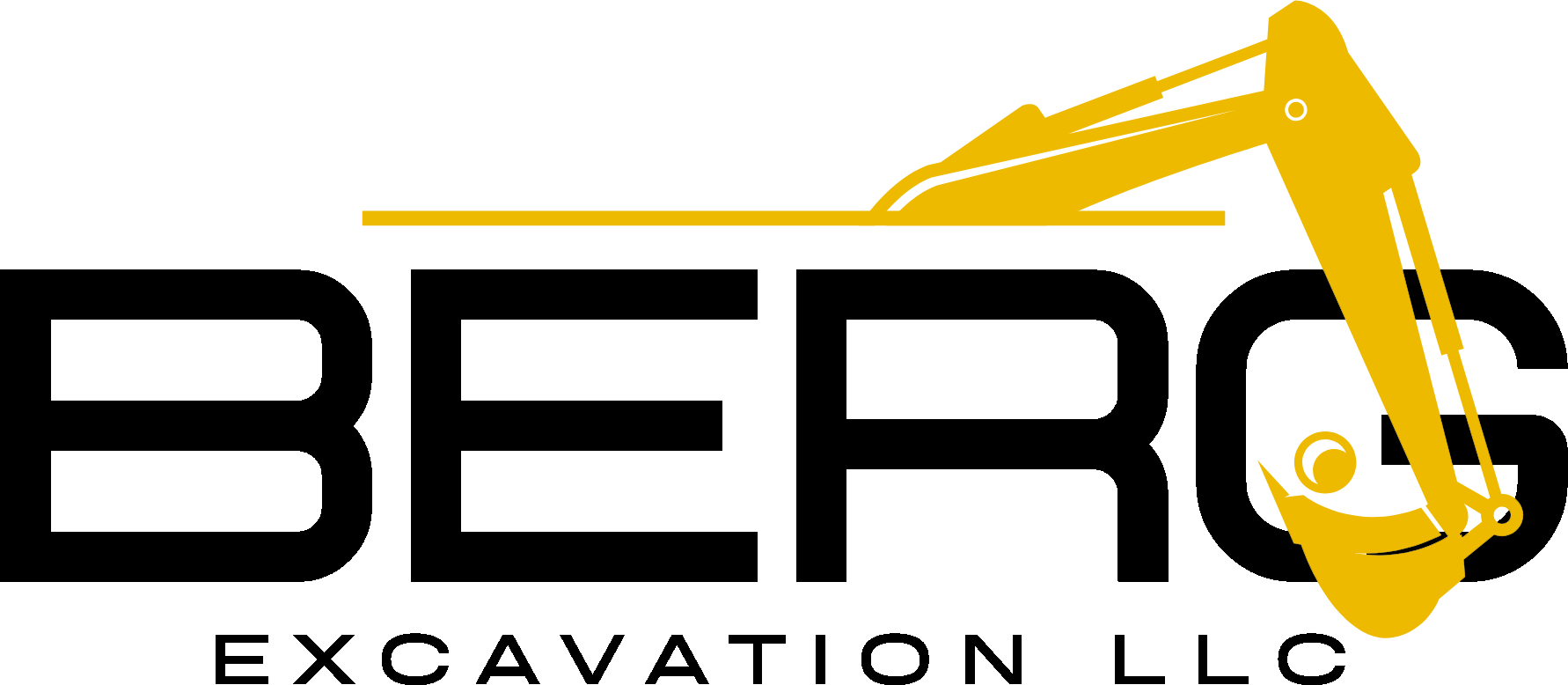Logo for Berg Excavation LLC. Black text with a yellow excavator arm.