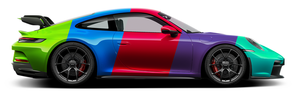 A multi-colored Porsche 911, divided into green, blue, red, purple, and teal sections.