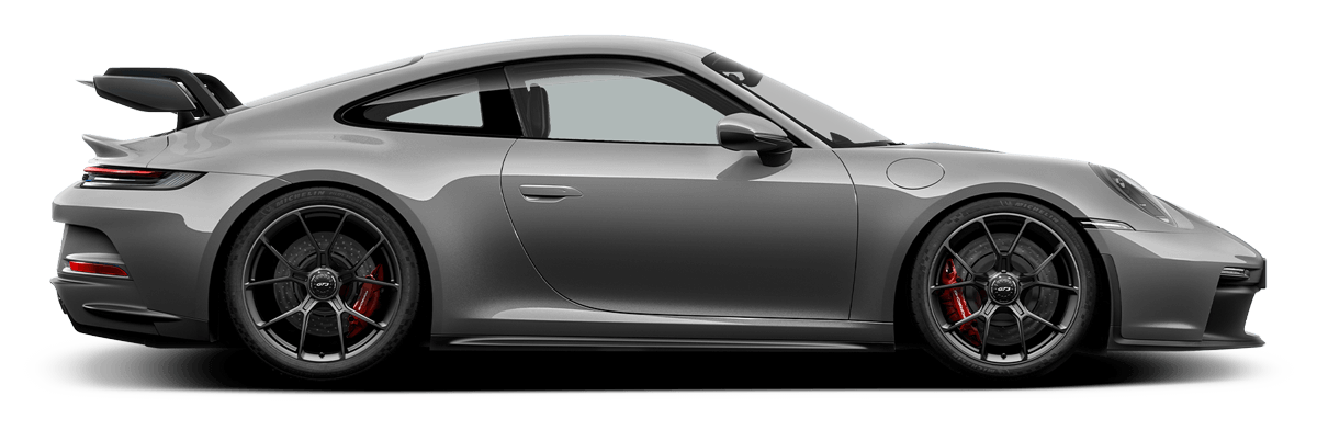 Gray Porsche 911 sports car, side view, with a large rear spoiler and black wheels.