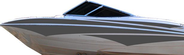 A sleek, gray and white speed boat with dark windows.