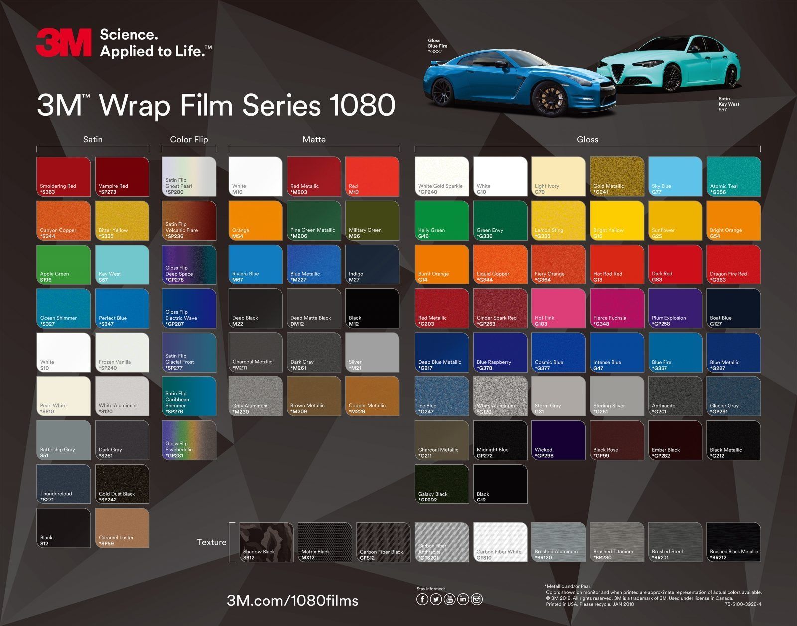 3M wrap film color chart featuring a grid of colored squares, two cars, and the 3M logo.