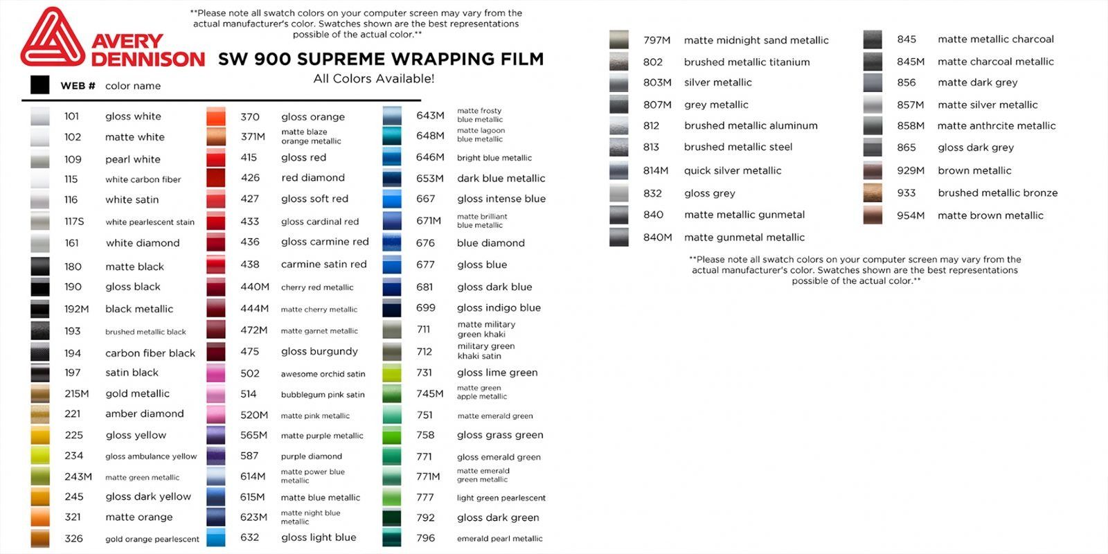 Color chart for Avery Dennison SW 900 Supreme Wrapping Film with color swatches and names.