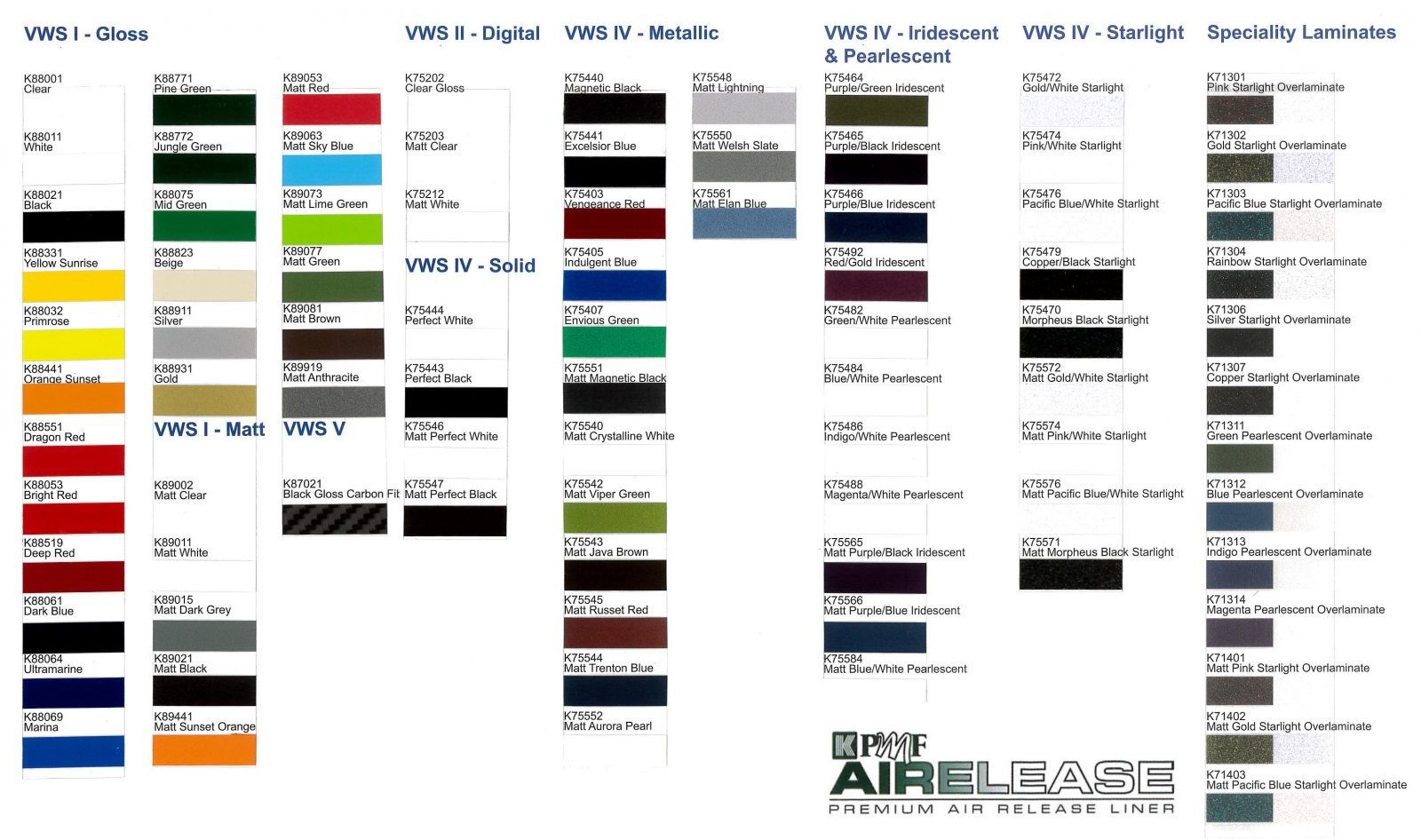 Color palette of Air Release paint products, with various color swatches.