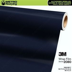 Roll of 3M Matte Slate Blue Metallic 2080 series vinyl wrap. Metro Restyling logo in the corner.