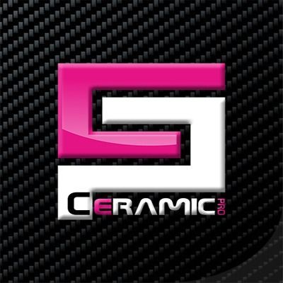 Logo for Ceramic Pro, a white and pink "CS" shape over the word "CERAMIC PRO" on a black carbon fiber background.