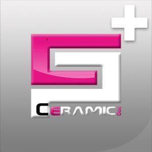 Pink and white "G+" logo with "CERAMIC+" text on a gray background.