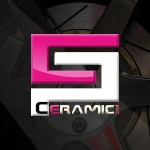 Logo with a pink and white "GS" in a square, "CERAMIC" below, set over a blurred car part.