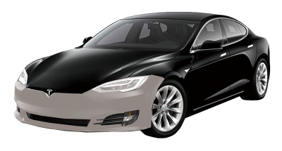 Black Tesla car with a light gray front bumper.